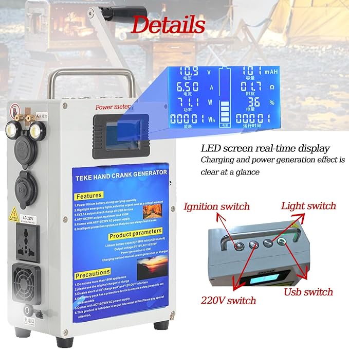 Generator Hand Crank and Power is 50W (Maximum),for Household and Outdoor Emergency,with Hand Shank and Charger,Outdoor Generato 46AH/500W