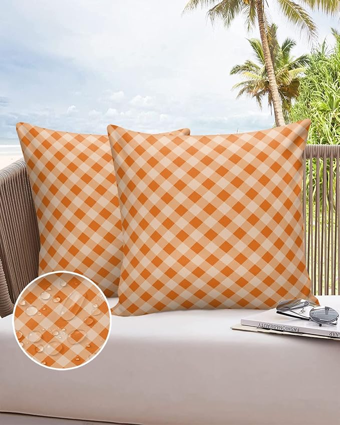 Outdoor Waterproof Pillow Covers for Patio Furniture Check Plaid Decorative Throw Pillow Cover Geometric Pattern Pillowcases Set of 2 Cushion Case for Sofa Couch Chair Home Decor 24x24 inch