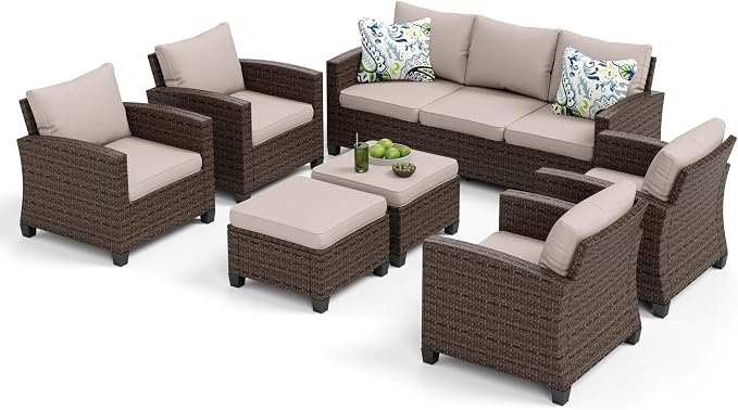 MIXPATIO Patio Furniture Set, 7 Pcs Wicker Rattan Rattan Outdoor Conversation Set, 4 x Single Chairs, 1 x 3 Seater Sofa and 2 x Ottoman with 4" Thick Cushion for Garden Backyard Deck, Beige