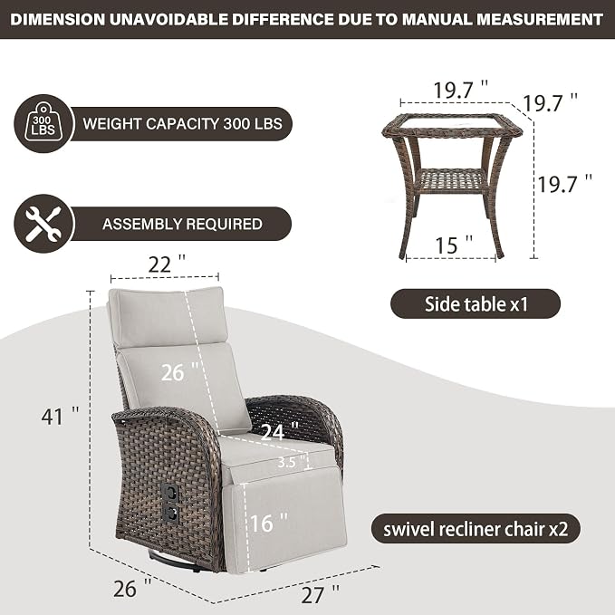 Belord 7 Piece Patio Furniture Set with 4 Swivel Recliner Chairs and 3 Side Tables, Dual-Adjust Wicker Chaise Lounge Chairs for Outdoor Patio Conversation, All-Weather Brown Rattan