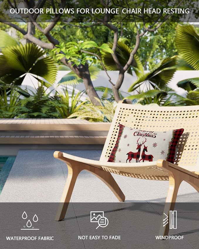 Outdoor Pillows Covers with Inserts Christmas Red and Black Buffalo Plaid Elk Waterproof Recliner Pillow with Adjustable Strap Throw Pillows for Patio Furniture Pool Lounge Chair, 12x20 inch, 1PCS