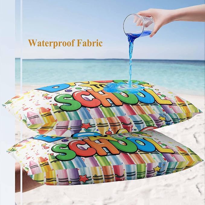 Outdoor Waterproof Pillow Covers for Patio Back to School Decorative Throw Pillow Cover Colorful Crayon School Season Pillowcases Set of 2 Cushion Case for Sofa Couch Chair 12x20 Inch