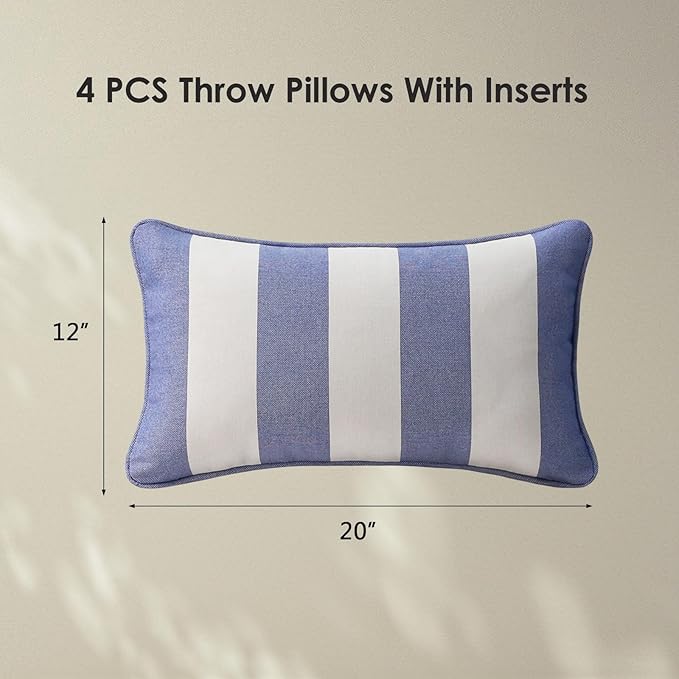 Unimatta Decorative Outdoor Water Repellent Throw Pillows with Inserts, Set of 4, 20" x12" Pillows for Patio, Backyard, Bed, Couch, and Patio Furniture, Navy Stripe
