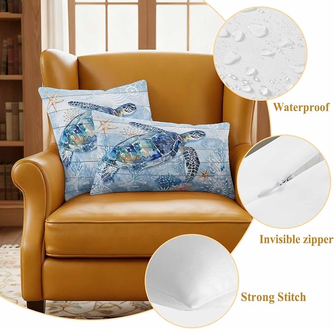 Coastal Turtle Waterproof Outdoor Pillow Covers Set of 2 Home Decor, Blue Nautical Starfish Coral Jellyfish Pillowcase Patio Pillow Covers for Couch Bench Furniture Garden 16x16in