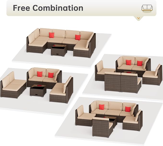 LHBcraft 7 Pieces Outdoor Patio Furniture Sets,PE Rattan Wicker Patio Conversation Set with Tea Table,Patio Sectional with Thick Cushions,Outdoor Furniture for Garden, Deck