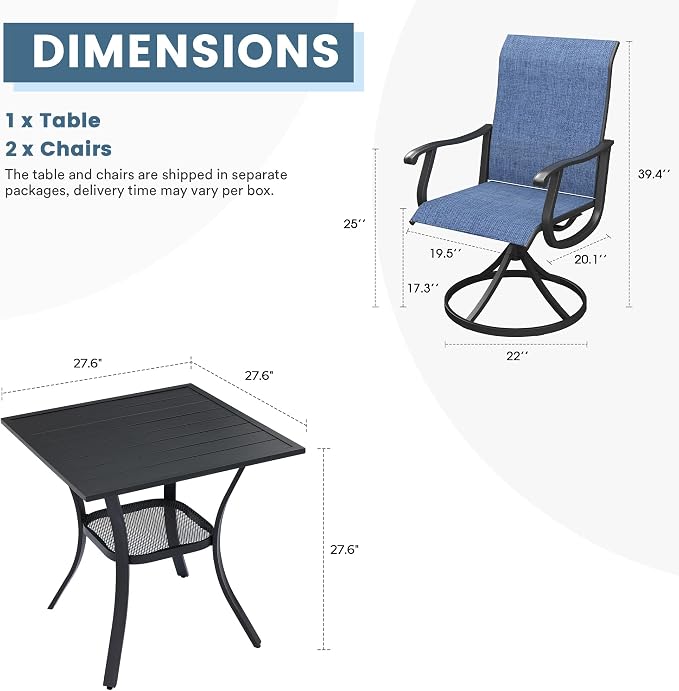 DIFY 3 Pieces Outdoor Patio Dining Set for 2, 27.6" Small Black Square Metal Dining Table and 2 Blue Textilene Swivel Dining Chairs, Outdoor Table and Chairs