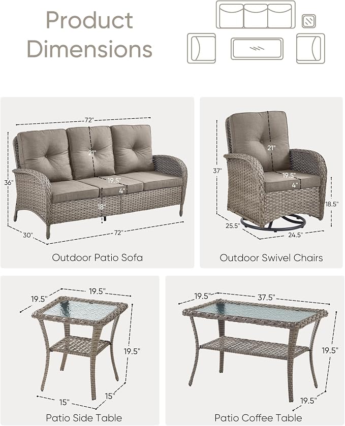 5 Pieces Wicker Patio Furniture Set-Outdoor Swivel Rocker Patio Chairs Patio Sofa Set with Tempered Glass Top Outdoor Coffee Table for Deck Lawn Porch Balcony Poolside-Grey/Grey