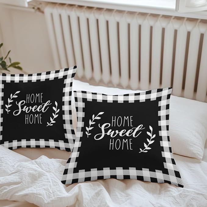 Home Sweet Home Waterproof Outdoor Pillow Covers Set of 2 Home Decor, Leaves Black Buffalo Plaid Pillowcase Patio Pillow Covers for Couch Bench Patio Furniture Garden 18x18in