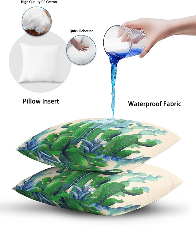 Outdoor Waterproof Throw Pillows Cactus Summer Green Succulent Patio Pillows Pack of 2,Decorative Pillow Covers with Insert,Pillow Cushion Case for Indoor Garden Couch Sofa Desert Tropical Plant