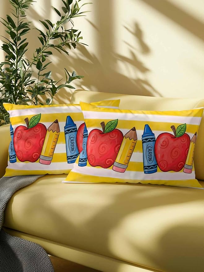 Outdoor Throw Pillow Set of 2, Children's Day Waterproof Pillow with Insert Included, Funny Cartoon Pencil Yellow Striped Decorative Accent Cushion Lumbar Pillows for Patio Porch, 12 x 20 in
