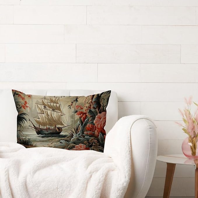 Lumbar Throw Pillow Cover Moore Manor Antique Chinoiserie Pillow Covers Abstract Vintage Boats and Flowers Pillow Cover Accent Decorative Cushion Cases Home Decor for Home Car 16x24in