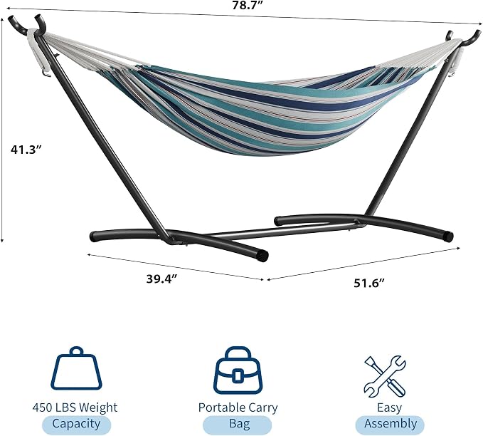 Garvee Double Hammock with Foldable Steel Stand and Carry Bag – Indoor/Outdoor Standing Hammock, 450 LBS Capacity, for Garden, Camping, Beach (Ocean)