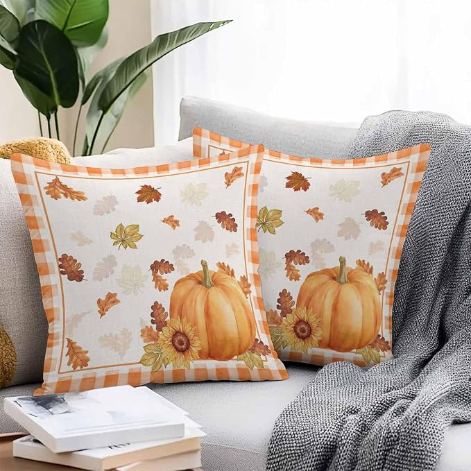 Thanksgiving Day Outdoor Pillow Covers Set of 2, Autumn Pumpkins Sunflowers Decorative Waterproof Throw Pillowcase Fall Leaves Plaid Cotton Linen Soft Cozy Cushion Cover Pillowsham 20x20In