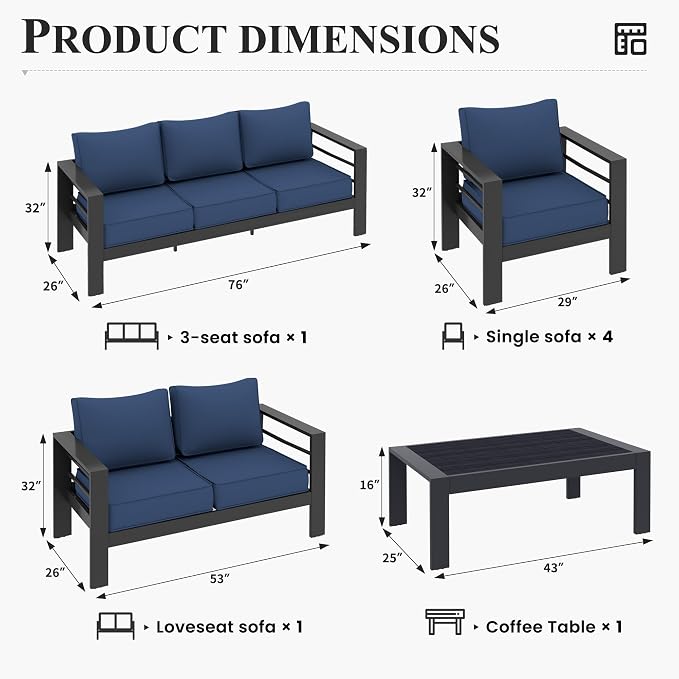 Aluminum Patio Furniture Set, 7 Piece Metal Outdoor Furniture Set, Patio Set with Waterproof Covers for Backyard Garden（Blue&Grey）