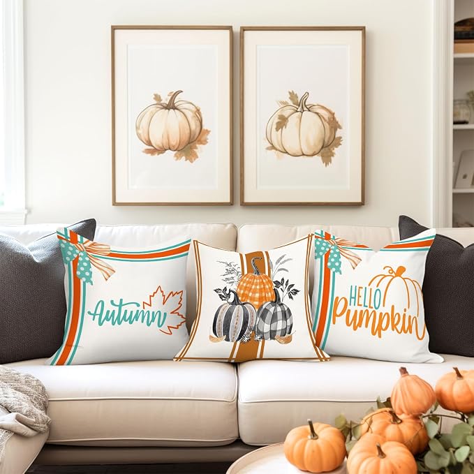 Jarrtinle Hello Pumpkin Fall Outdoor Throw Pillow Covers Waterproof 18x18 Maple Leaves Farmhouse Patio Cushion Cases Inch for Porch Couch Bench Set of 2 Thanksgiving Decorations