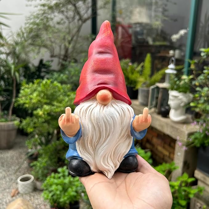 Middle Finger Gnome Statue 7.8in， Naughty Garden Gnome Statue Decoration and Lawn Ornament - Funny Garden Gnomes for Outdoor or Home Decor