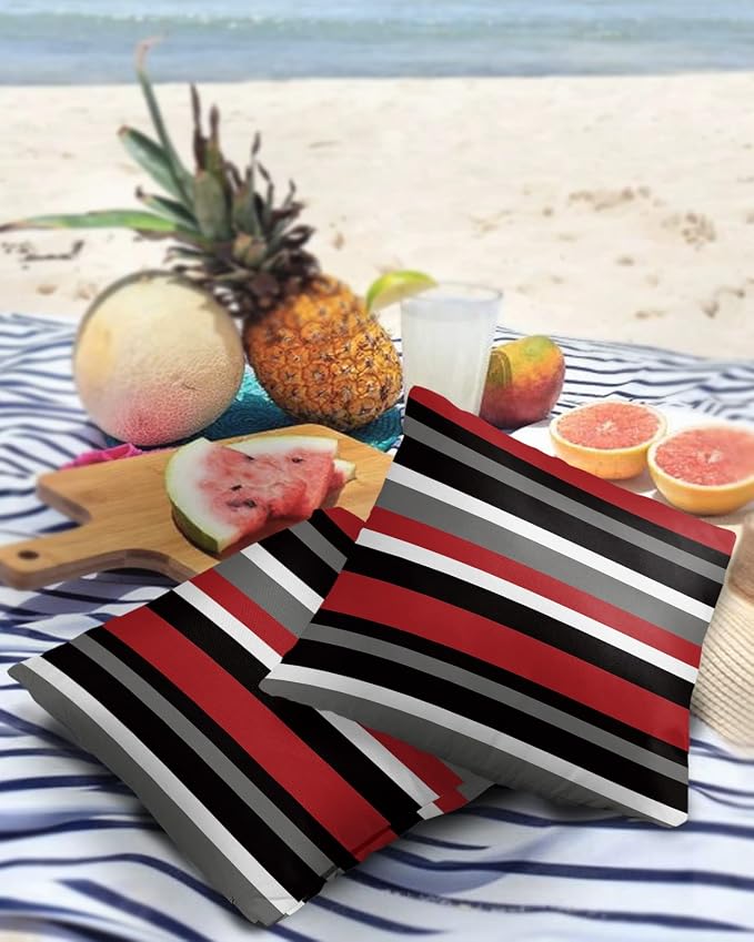 Vandarllin Outdoor Throw Pillows Covers 20X20 Set of 2 Waterproof Simple Stripe Decorative Zippered Lumbar Cushion Covers for Patio Furniture, Red and Black Geometric Pattern