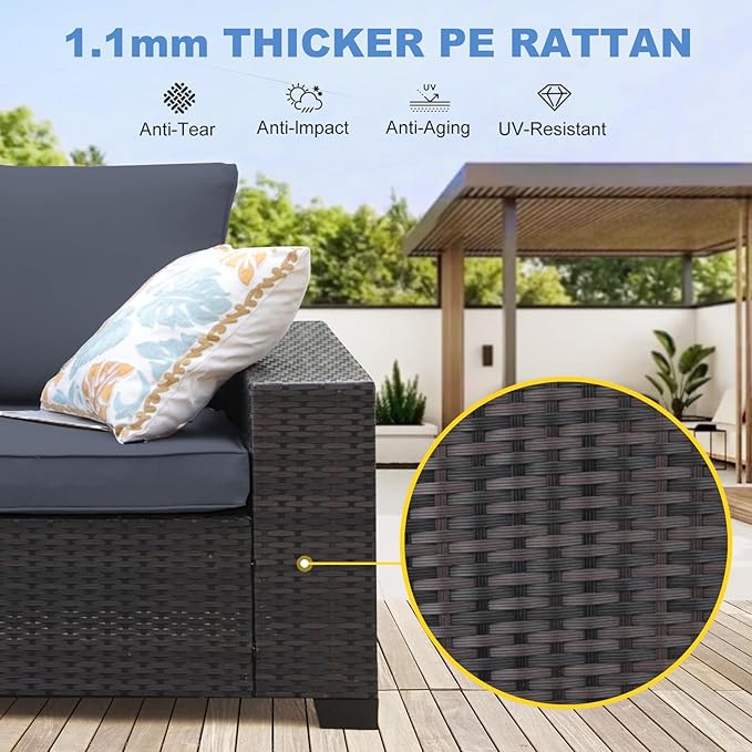 8 Pieces Patio Furniture Set, Outdoor Couch Sofa with Wider Armrests & Glass Coffee Table, Outdoor Sectional Furniture with Thick Cushions for Party, Poolside,Garden-Gray