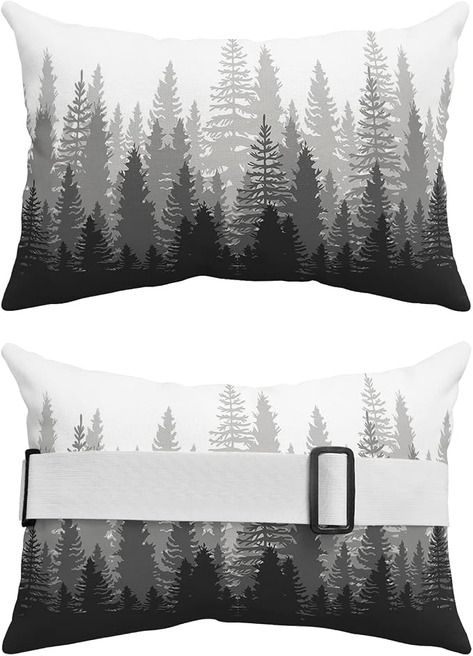 Outdoor Pillows Covers with Inserts Forest Tree Silhouette Dark Gray Abstract Gradient Waterproof Pillow with Adjustable Strap Throw Pillows for Patio Furniture Recliner Lounge Chair, 12x20 inch, 1PCS