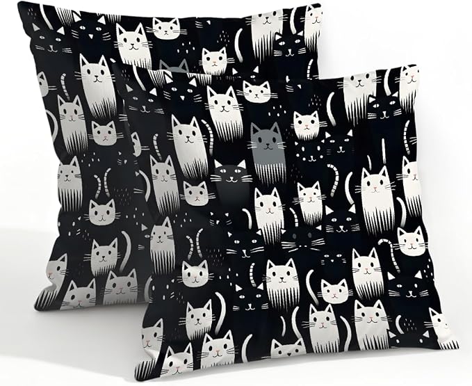 22x22 Inch Outdoor Pillow Covers Set of 2 Waterproof Throw Pillow Covers Decorative Couch Cushion Covers Cats Black White Square Pillowcases Protectors for Patio Garden Sofa