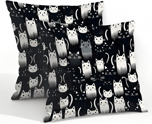 22x22 Inch Outdoor Pillow Covers Set of 2 Waterproof Throw Pillow Covers Decorative Couch Cushion Covers Cats Black White Square Pillowcases Protectors for Patio Garden Sofa