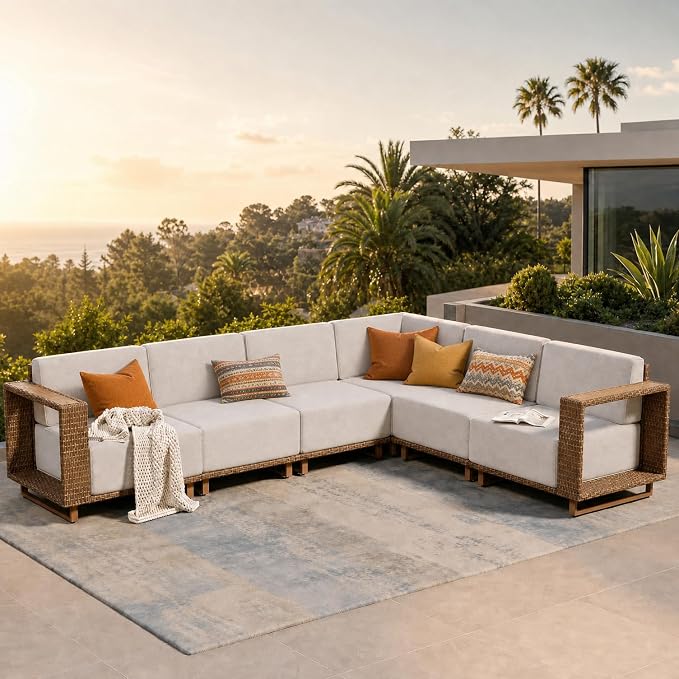 SUNSHINE VALLEY Patio Sectional Furniture, Outdoor Yellow Rattan Wicker Sofa with 10''Ultra-Thick Cushions, L Shaped Modular Patio Conversation Set, Low Profile Lawn Garden Backyard Couch Set