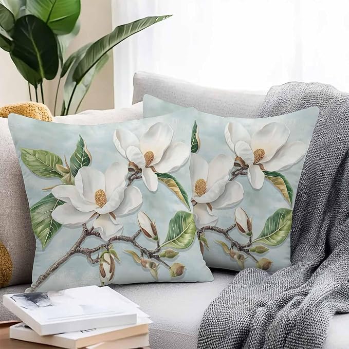 Waterproof Pillow Covers for Couch Throw Pillow Cases Set of 2, Farmhouse White Magnolia Flower Decorative Cushion Pillow Covers 18x18In,Indoor Outdoor Decoration Abstract Floral Oil Painting Texture