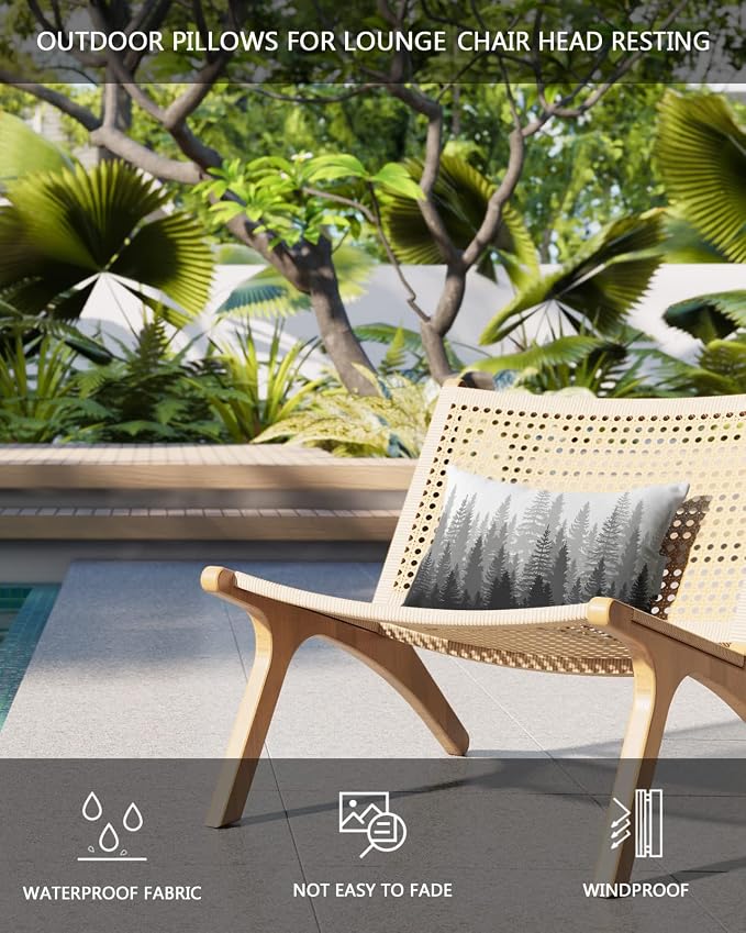 Outdoor Pillows Covers with Inserts Forest Tree Silhouette Dark Gray Abstract Gradient Waterproof Pillow with Adjustable Strap Throw Pillows for Patio Furniture Recliner Lounge Chair, 12x20 inch, 1PCS