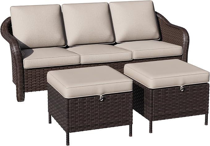 3 Piece Patio Wicker Conversation Set, All-Weather Use Outdoor Wicker Sofa with 2 PE Rattan Ottomans, Ideal for Porch, Backyard, Balcony, Poolside, Beige