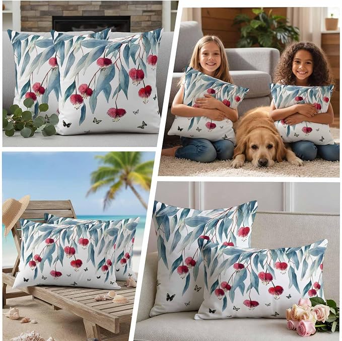 Botanical Leaves Waterproof Outdoor Pillow Covers Set of 2 Home Decor, Spring Floral Butterfly Pastoral Pillowcase Patio Pillow Covers for Couch Bench Furniture Garden 16x16in