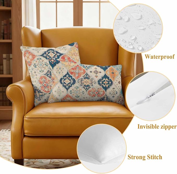 Outdoor Waterproof Pillow Covers for Patio Furniture Morocco Boho Decorative Throw Pillow Cover Vintage Ethnic Bohemian Pillowcases Set of 2 Cushion Case for Sofa Couch Chair Home Decor 18x18 inch