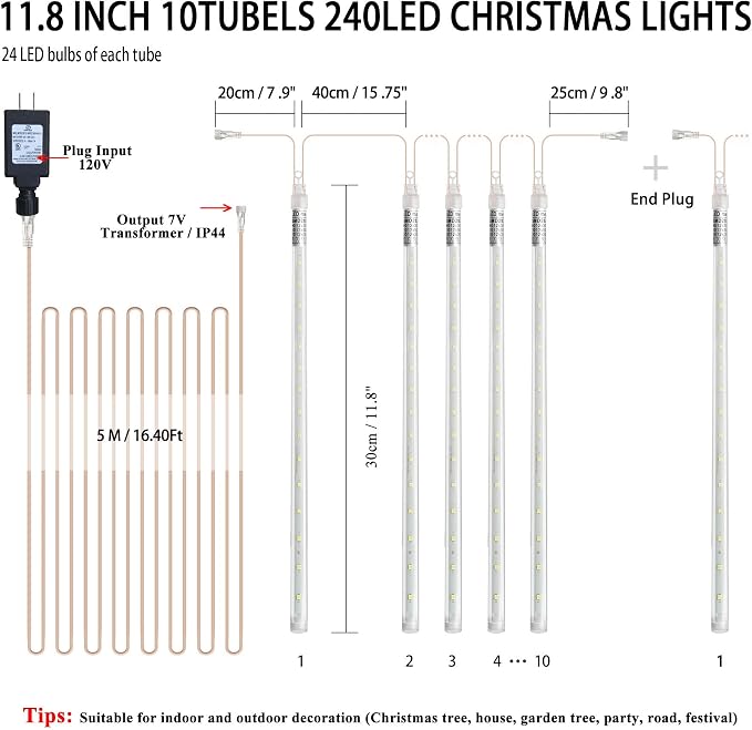 EEIEER Meteor Shower Lights, 11.8 inches 10 Tubes 240 LED Christmas Meteor Lights Snowfall Light for Outdoor Decoration, Waterproof Falling Rain Drop Light for Garden Tree Party Holiday-Blue