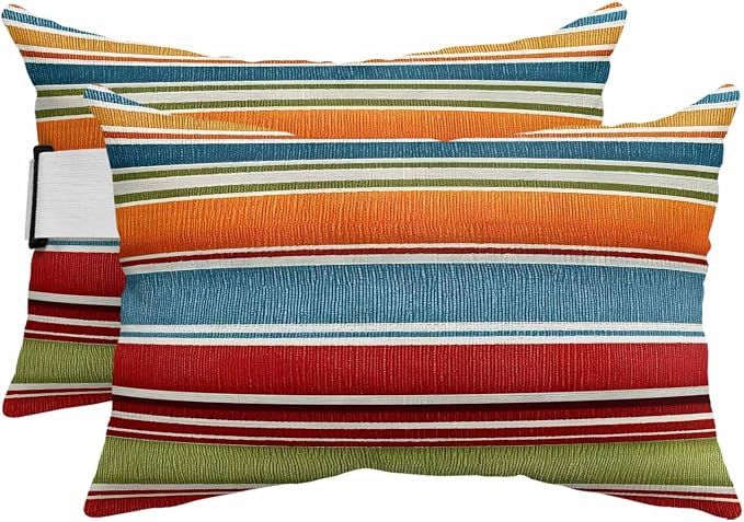 Outdoor Pillow for Chaise Lounge Chair, Modern Colorful Stripes Waterproof Headrest Pillow with Insert and Strap Red Green Blue Burlap Texture Lumbar Support Pillows for Pool Patio Office, Set of 2