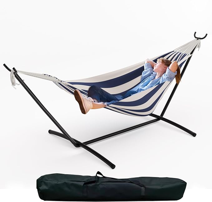 Double Hammock with Stand for Outdoor Use, 2 Person Heavy Duty Hammock with Steel Frame Stand, Portable Hammock for Patio, Yard & Garden, Easy Assembly, 450 Lbs Capacity-Blue White
