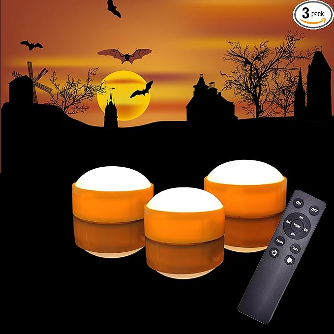3 Pack Halloween Pumpkin Lights with Remote and Timer, Bright Flickering Battery Operated LED Light Flameless Candle Set for Pumpkin Décor Jack-O-Lantern Halloween Party Home Decorations, Orange Color