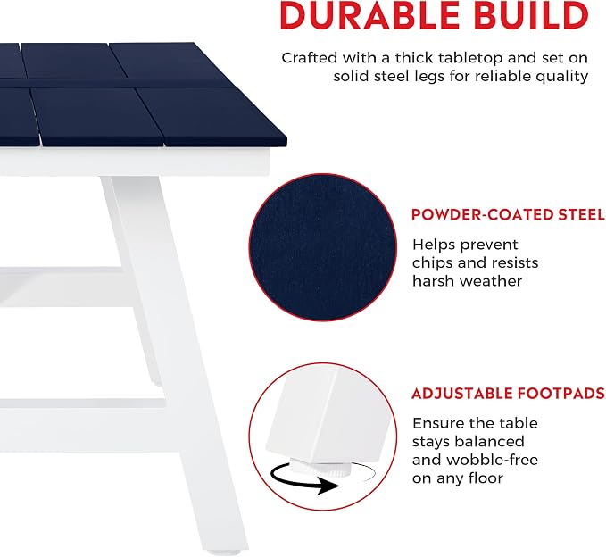 Costaelm Stinson 7-Piece Outdoor HDPE Patio Dining Table Set with Umbrella Hole & Dining Chairs for 6, Navy Blue