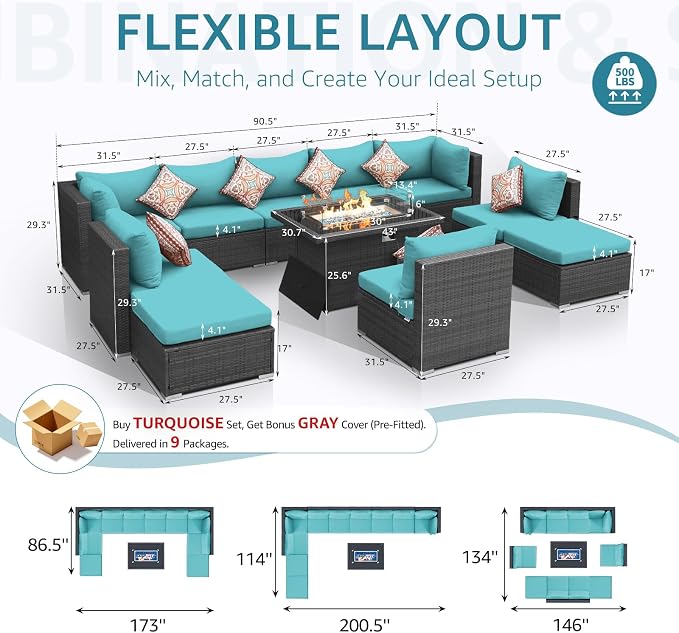 NICESOUL 11 Piece Outdoor Furniture Sets with Natural Gas/Propane Firepit, XXL 10-Seats Patio Sectional, 29.3'' High-Back Backyard Seating, All-Weather Wicker Couch Set for Outside, Deck, Grey & Teal