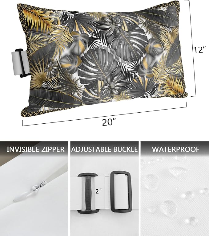 Outdoor Pillows Covers with Inserts Luxury Gray Golden Palm Leaves Tropical Plant Waterproof Recliner Pillow with Adjustable Strap Throw Pillows for Patio Furniture Pool Lounge Chair, 12x20 inch, 1PCS