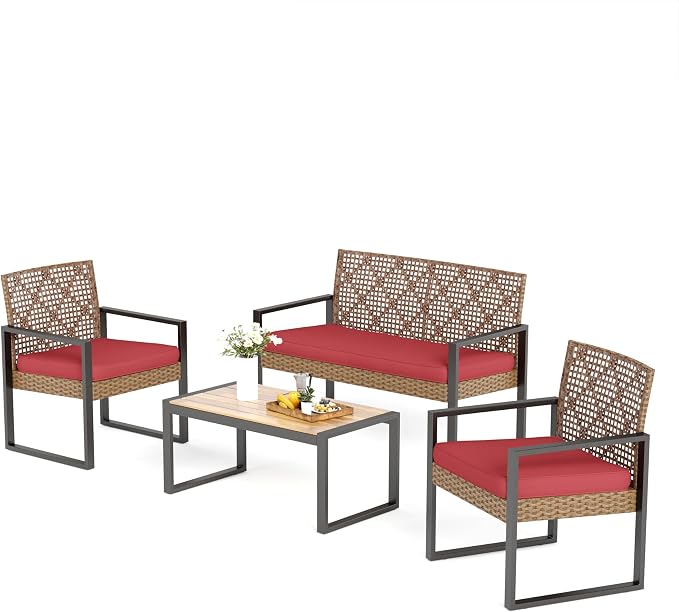 MFSTUDIO 4 Piece Wicker Patio Furniture Set, Small Patio Set with Loveseat & Chaise & Acacia Wood Table, Outdoor Rattan Sectional Furniture, Brown Sofa Couch Set for 4, Red