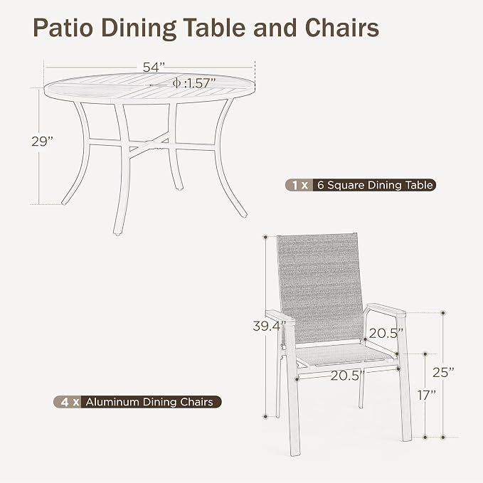 PHI VILLA Round Outdoor Dining Set for 6 with Aluminum Chairs, Grey | Stackbale chairs, Breathable & quick-drying sling, Light-weight & space-saving, Metal Table, Umbrella Hole, Patio deck