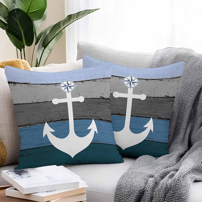 Chucoco Waterproof Pillow Covers for Couch Throw Pillow Cases Set of 2,Nautical White Anchor Decorative Cushion Pillow Covers 18x18In,Indoor Outdoor Decoration Vintage Blue Grey Farm Wood Plank