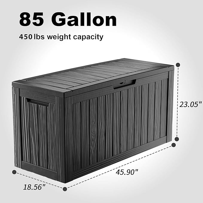 Resin Deck Box Outdoor Storage Box Waterproof for Patio Furniture,Outdoor Cushions,Garden Tools and Pool Supplies (Black, 85 Gallon)