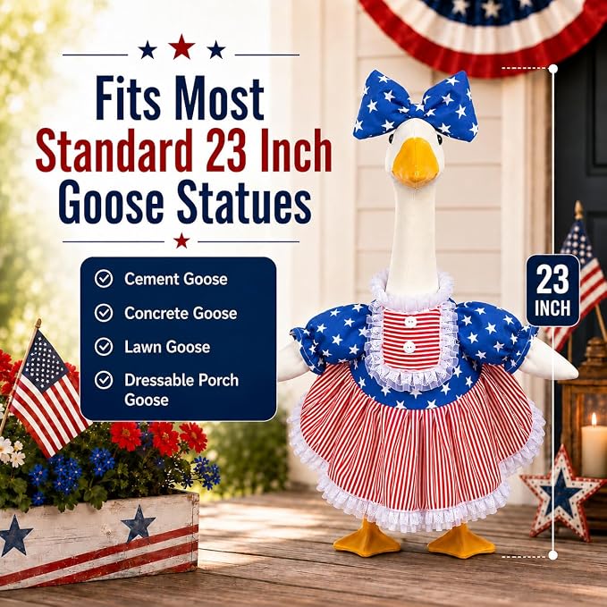 4th of July Porch Goose Outfits for 23 Inch Goose Statue, Patriotic Red White and Blue Porch Goose Dress with Star Bow, Summer Sculpture Clothes for Independence Day Garden Patio Decor