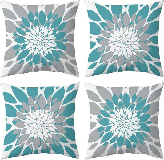 Pack of 4 Outdoor Waterproof Pillow Covers 16x16 Decorative Outdoor Throw Pillows Garden Square Cushion Cases for Patio Furniture, Couch, Tent Sunbrella, Bench, Teal Turquoise Grey