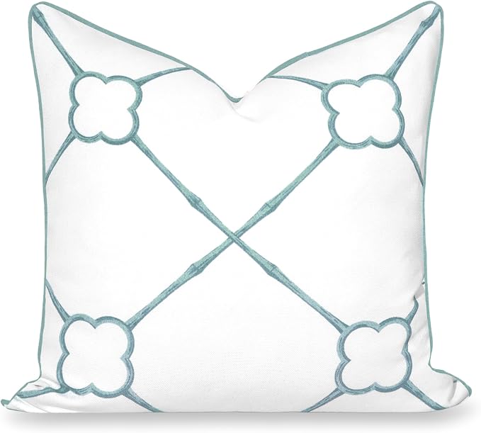 Hofdeco Premium Coastal Hampton Patio Indoor Outdoor Throw Pillow Cover Only, 22"x22" Water Repellent for Backyard, Couch, Poolside, Forest Celadon Green Print Bamboo Trellis