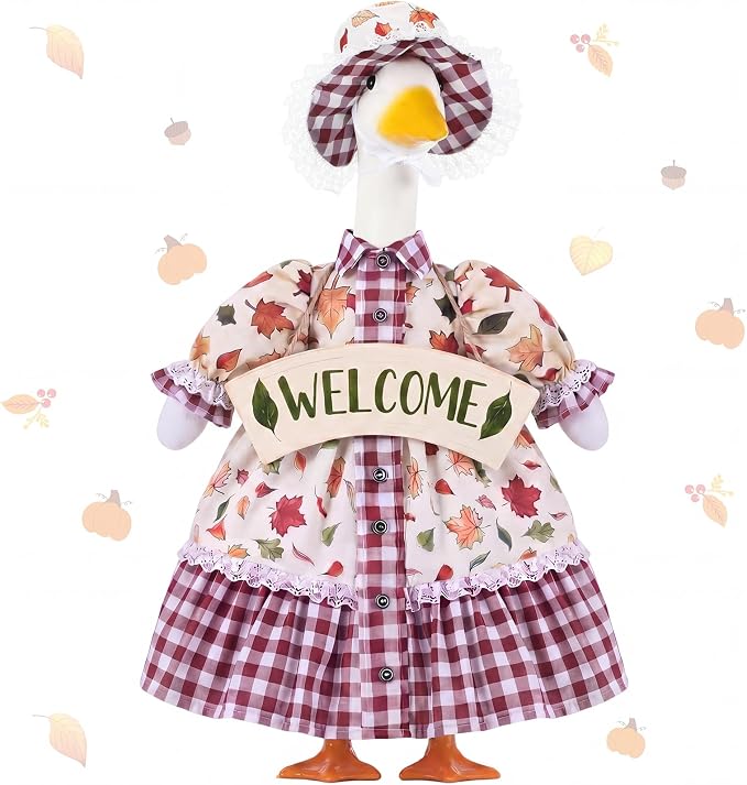 FuWeave Fall Porch Goose Outfit Maple Goose Costume Fancy Porch Geese Clothes with Wide Hat for 23" 17" Outdoor Patio