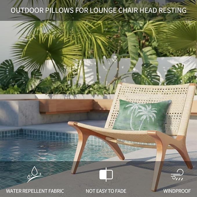 Palm Trees Tropical Outdoor Pillows for Chaise Lounge Chair Beach Headrest Pillow Set of 2 Waterproof Lumbar Pillows with Insert&Strap Shabby Green Summer Coastal Recliner Pool Pillow 11"x16"