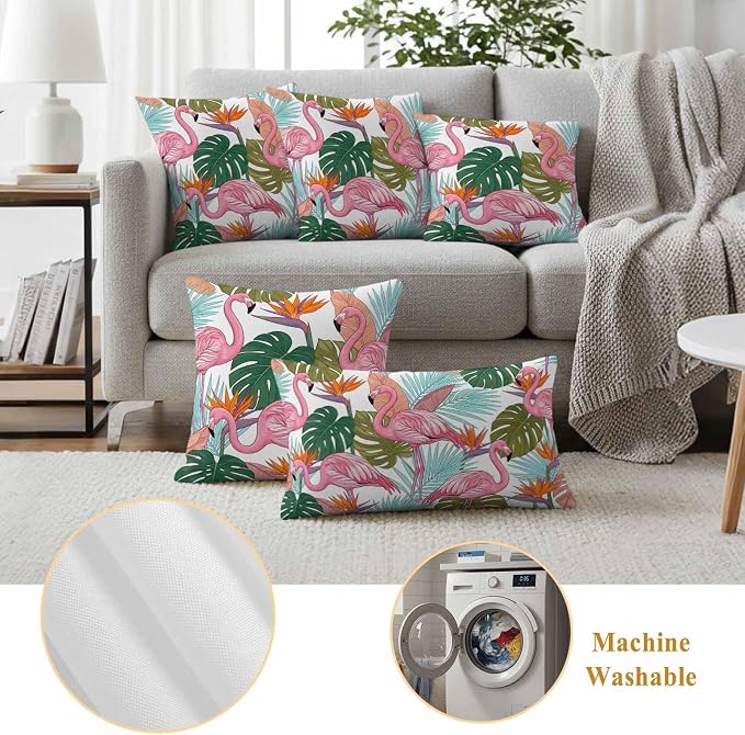 Pink Flamingos Outdoor Pillow Covers 20"x20" Set of 2, Watercolor Monstera Leaf Green Tropical Plant Waterproof Throw Pillow Covers for Patio Furniture, Decorative Cushion Covers for Porch
