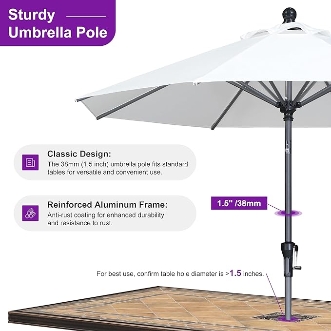 PURPLE LEAF 8' Round Patio Umbrella Outdoor Table Umbrella Aluminum Frame Market Umbrella Sun Umbrella with 8 Sturdy Ribs Tilt for Garden Deck Lawn Pool White