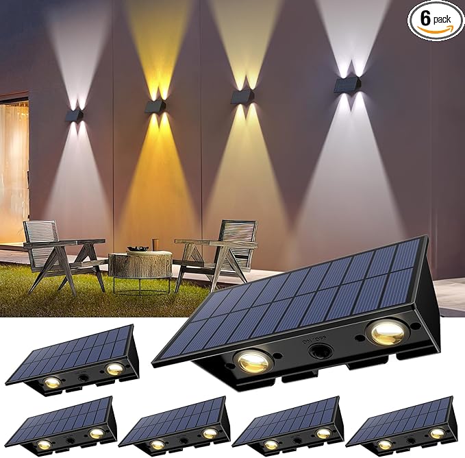 Solar Wall Lights Outdoor,6Pack Fence Lights Solar Powered 2700/4500/6000K 3 Modes Up & Down Waterproof 100 Lumens Dusk to Dawn Fence Light for Outside/Backyard/Pool/Railing/Patio/Porch/Step